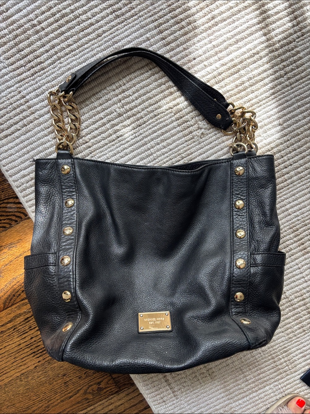 Michael Kors Black Leather Shoulder Tote with Gold Hardware